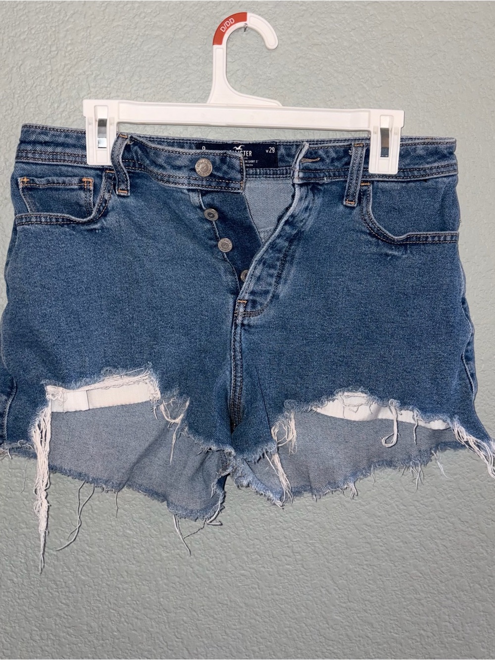 Hollister Women’s Distressed Denim Jean Shorts Size 9 Blue Frayed Hem Button Fly